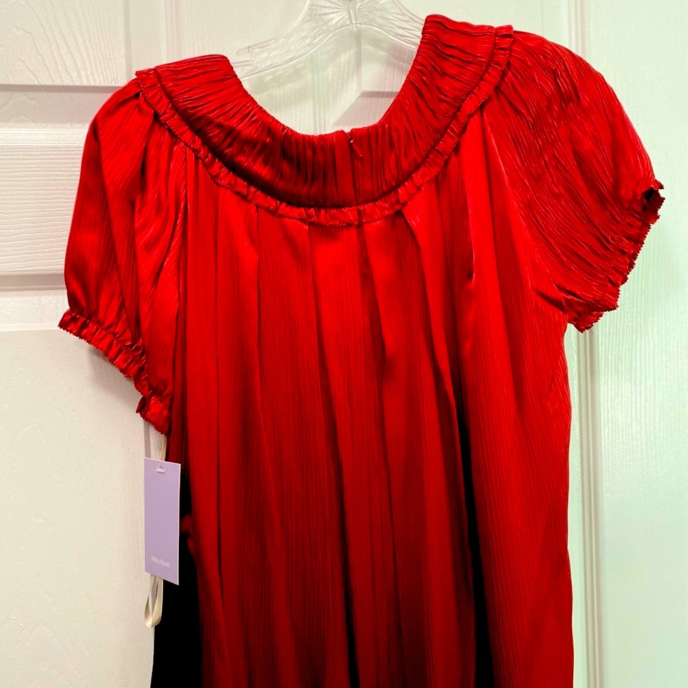 Vera Wang red silk cocktail dress with three layers. Perfect for an event.
